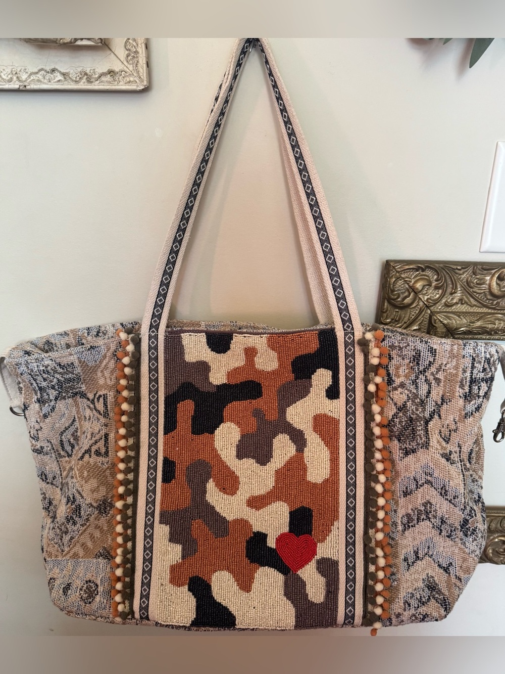 America & Beyond Don't Hide Your Heart Hand Beaded Tote Camo Pattern Boho Heart